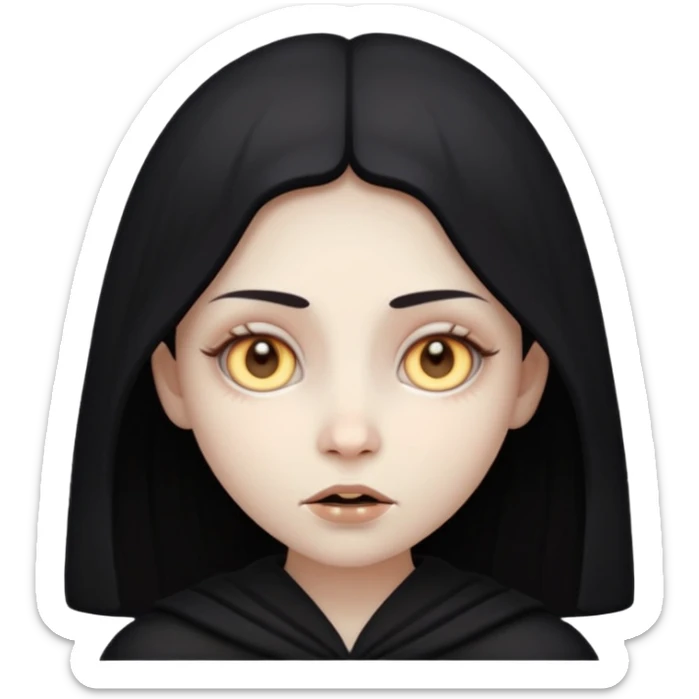Stylized cult cartoon girl emoji, eerie-cute aesthetic, symmetrical design, subtle spooky vibe, glowing eyes, chanting “AMILK”, bold graphic icon sticker