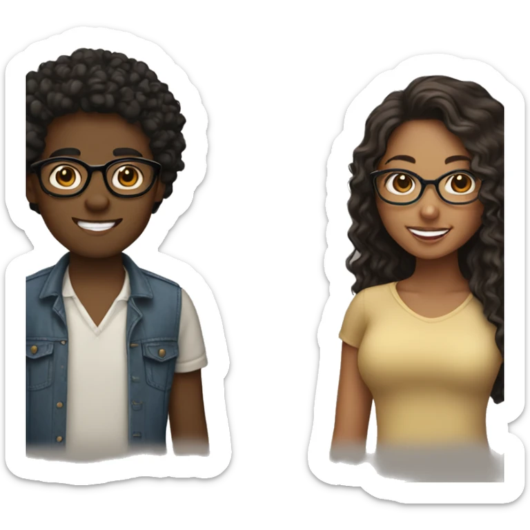 4 people. One is a black girl with long black hair and glasses. The second is a brown girl with long dark brown hair and glasses. The third is a brown girl with curly hair. ANd the fourth person is a white boy sticker