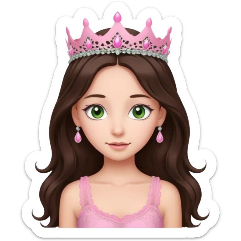 super long haired brunette with middle part cute pink lacy tank with a pink tiara on head, white but with a little bit of tan green eyes  sticker