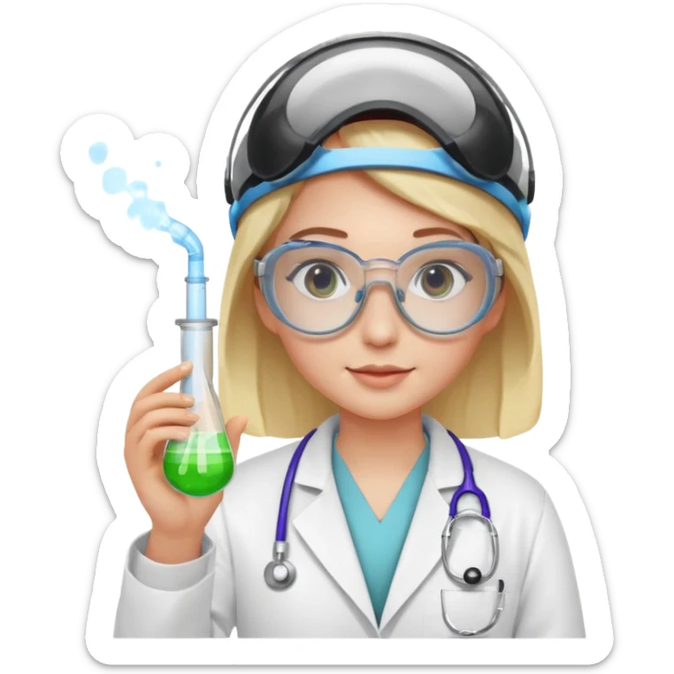 A person wearing safety goggles, a stethoscope, and a white coat. In one hand they hold a test tube containing chemicals  sticker