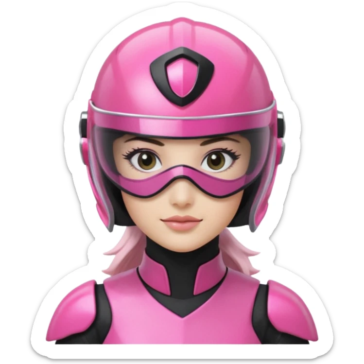 pink power ranger, woman emoji, with helmet on, black visor eye protection, black, power ranger helmet, sticker