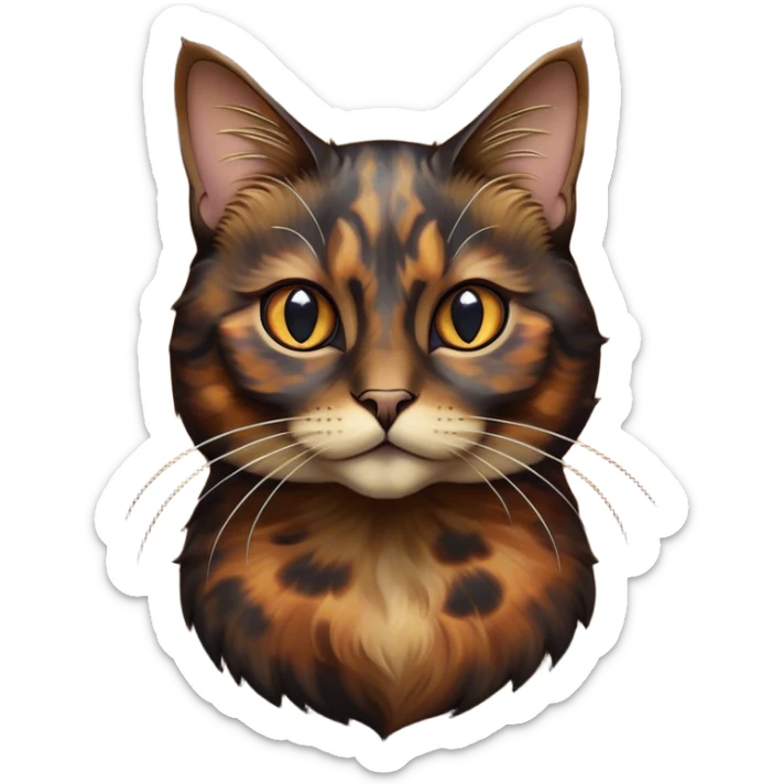 Cinematic Noble Tortoiseshell Cat Portrait Emoji, Poised and dignified, showcasing a luxurious, mottled fur of rich browns and blacks, with elegantly arched whiskers and a determined yet gentle expression, simplified yet meticulously detailed, glowing with a subtle, regal radiance, high shine, embodying quiet nobility and refined charm, soft glowing outline, capturing the essence of a sophisticated tortoiseshell cat exuding quiet authority! sticker
