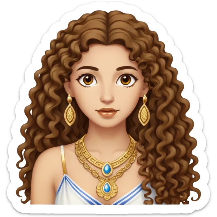 attractive Greek woman with long curly hair and light skin wearing gold Greek jewelry sticker