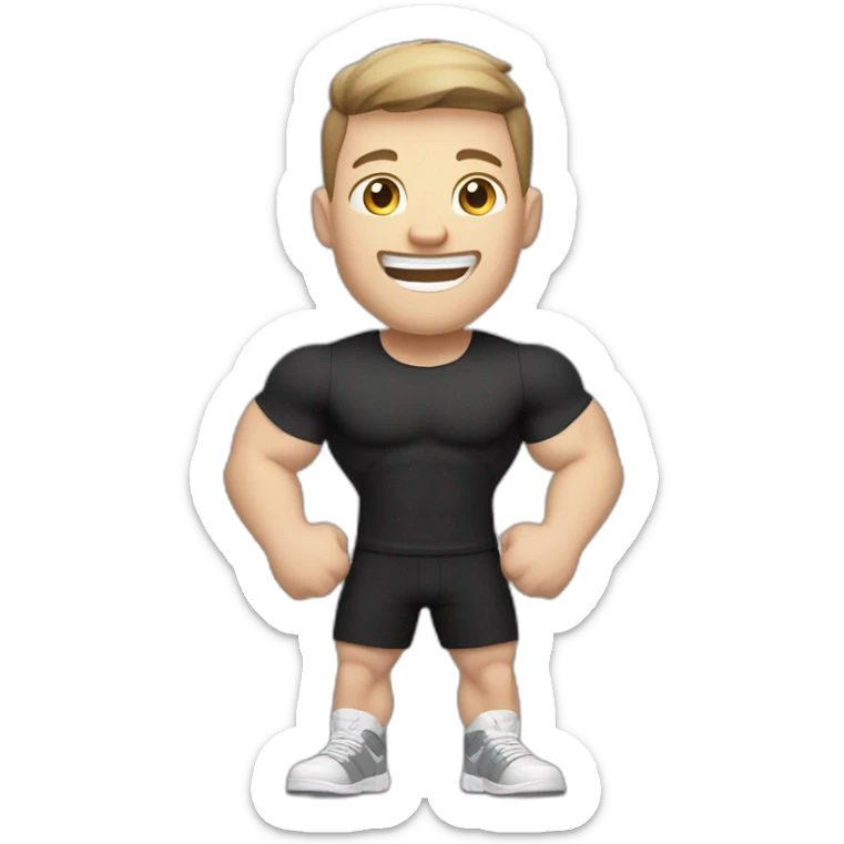 Joyful Celebrating victory Pale skinned Fit Man With the biceps and dark brown hair in black shirt, gray sports shorts and white Sneakers sticker