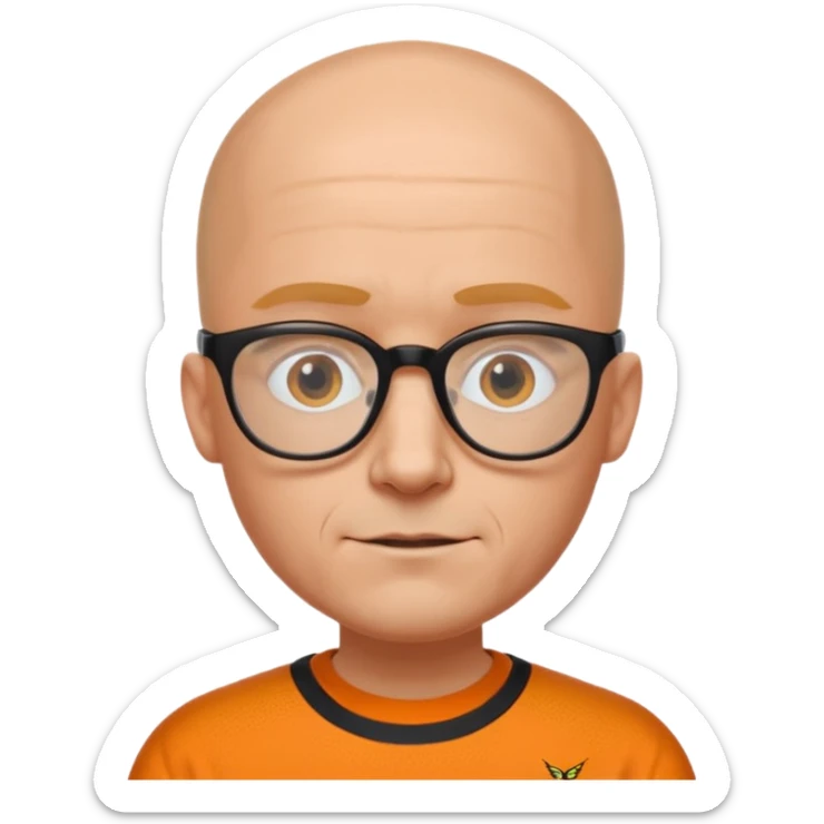 Derek, bald with black rimmed glasses, wearing an orange shirt with hornets written on the front in black with white trim sticker