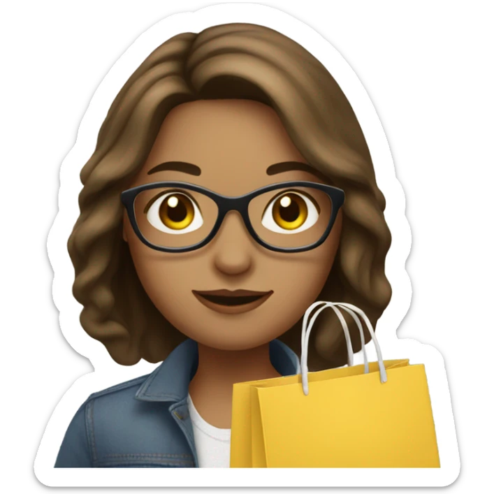 Girl with shoulder-length brown hair, round glasses with shopping bag  sticker