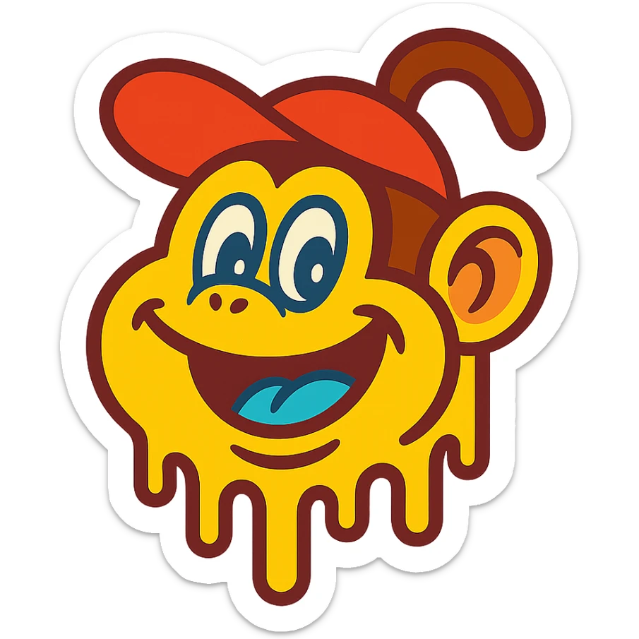 Diddy Kong as a melting smiley face, cartoon style, vibrant colors, silly expression sticker