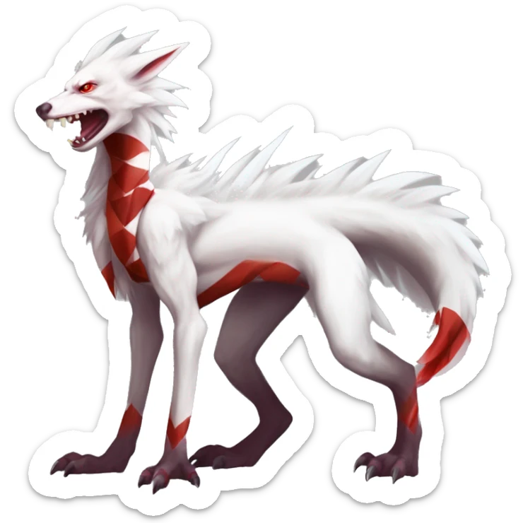 White edgy cute badass epic anthro modern albino sergal-vernid-Fakémon with red mane and red eyes with red edgy stripes, full body sticker