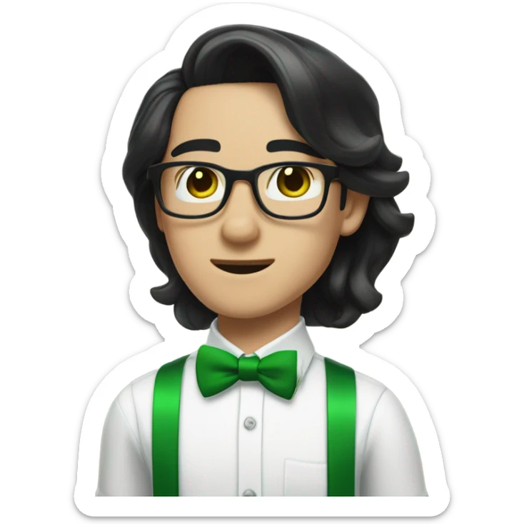 A male nerd with glasses and shoulder length black hair slicked back and he’s wearing a white button down shirt with a green bow tie and green suspenders sticker