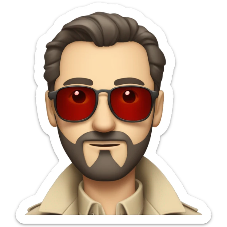 1930s investigator, a Caucasian man with short, dark hair and a rough beard, wears small red-tinted sunglasses and a dirty beige trench coat. He has a serious demeanor. sticker