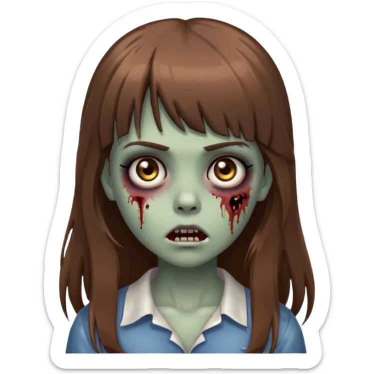 Zombie girl emoji with long brown hair, bangs, big black eyes sticker