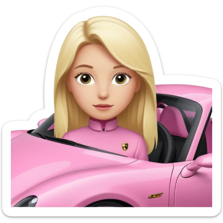Pink porsche taycan with blonde girl in front of it sticker