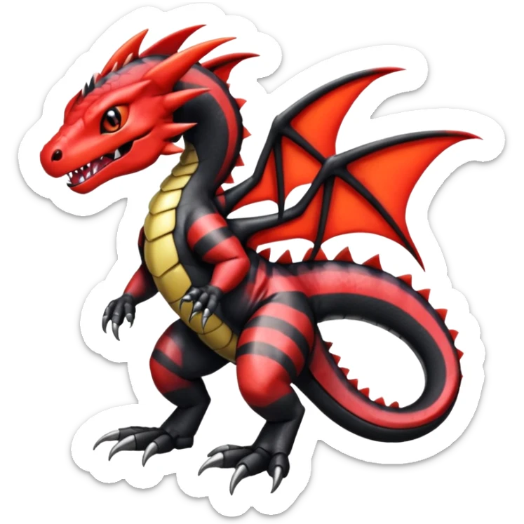 Cute Shiny striped black and red iridescent Guilmon-Salandit-Fakémon-hybrid-creature (full body)  sticker