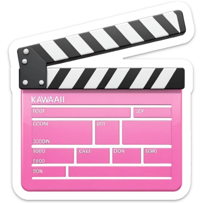  pink  pink clapperboard used in filmmaking, cute and stylish design with white details, open position, soft reflections, realistic or kawaii style, isolated on transparent background sticker