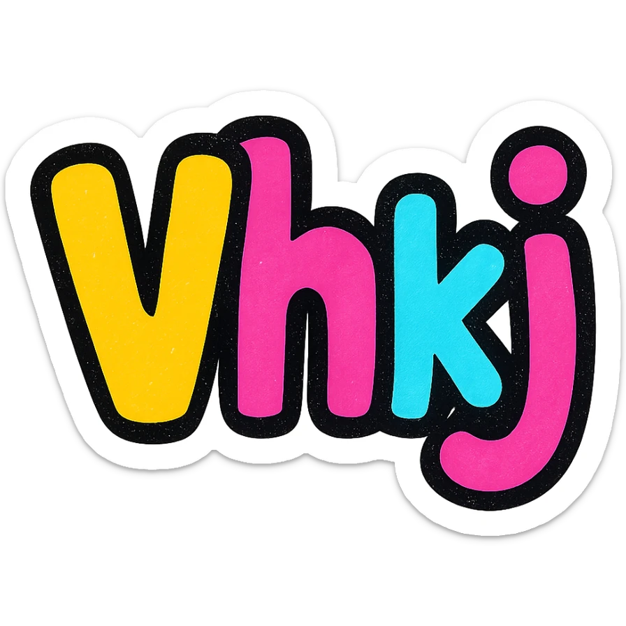 the letters 'Vhkj' in a playful icon style, vibrant colors, bubbly forms, friendly and approachable sticker