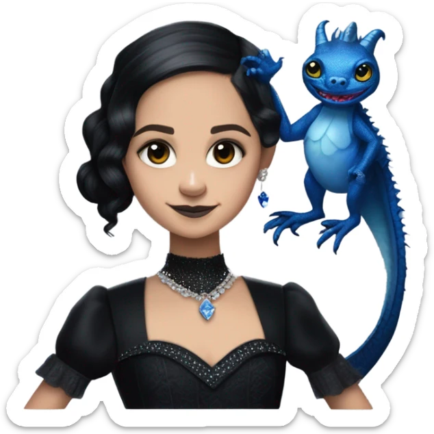relaxed low-cut slinky black evening ball gown with lace gloves, Jenna Ortega as Wednesday Addams wearing a mini diamond tiara showing off a cute blue horned dragon ventriloquist puppet sticker
