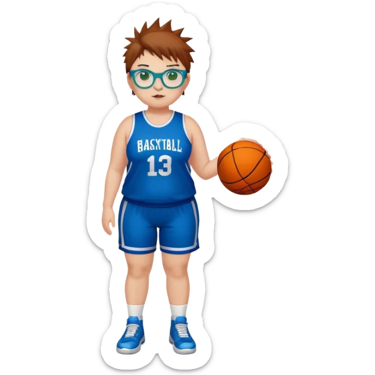 Full Body white chubby Girl with basketball spikey short brown hair  wearing blue glasses with green eyes sticker
