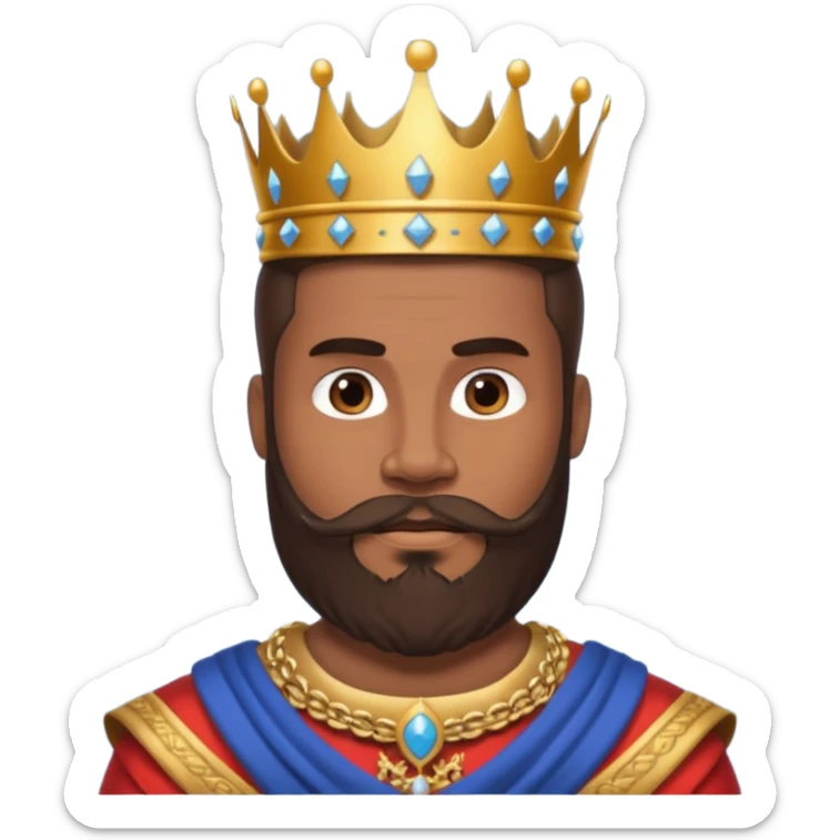 vull un perosnatge estil bimoji que sigui alt i fort amb una musculatura marcada i poderosa. Té una barba espessa i el cabell arriba fins a l'alçada del coll. Se'l representa amb la indumentària real i una corona al cap. sticker