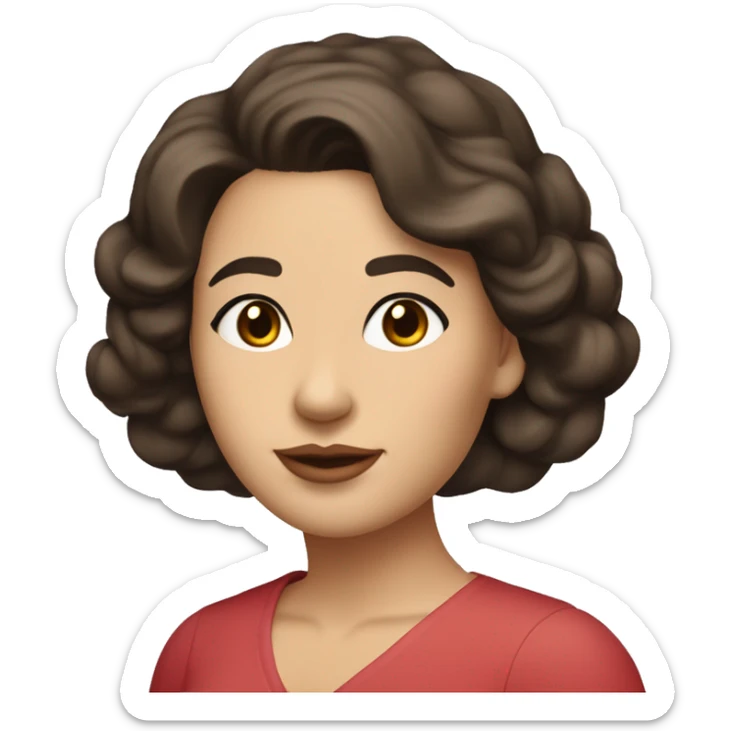 The woman has soft features, fair skin, and almond-shaped eyes. Her defined eyebrows and natural pink lips frame her face. Her dark, wavy hair is partly tied back, giving her an elegant yet relaxed look.  She wears a red V-neck dress. White skin. sticker