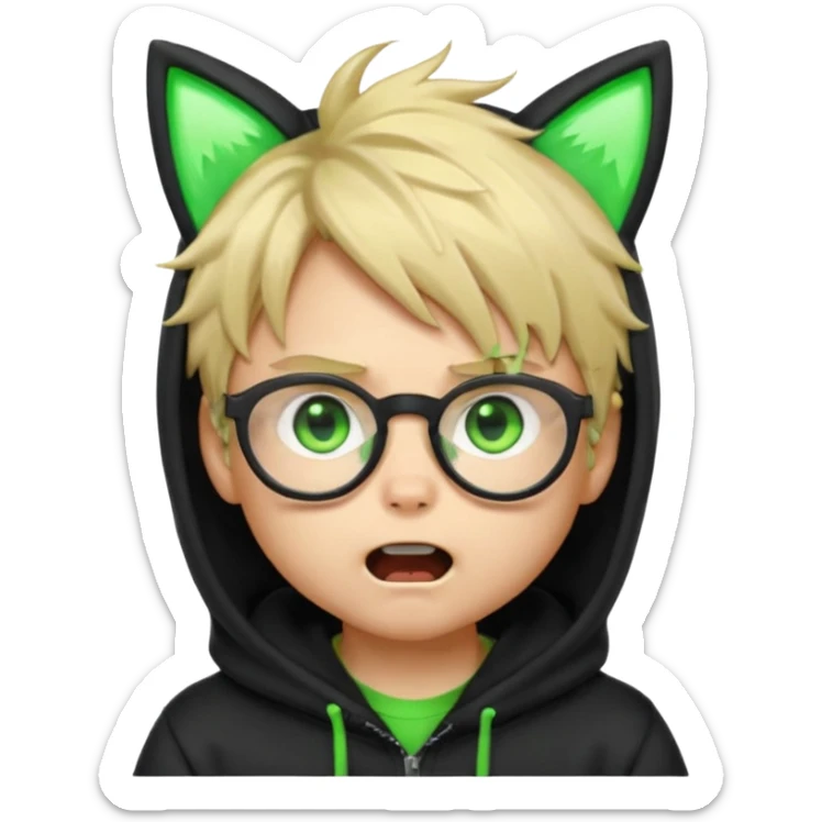 Cute chibi hacker boy emoji, blond messy hair, black glasses, black hoodie with neon green cat ears, wide glowing green eyes, shocked expression, open mouth, dramatic neon lighting, kawaii emoji style sticker
