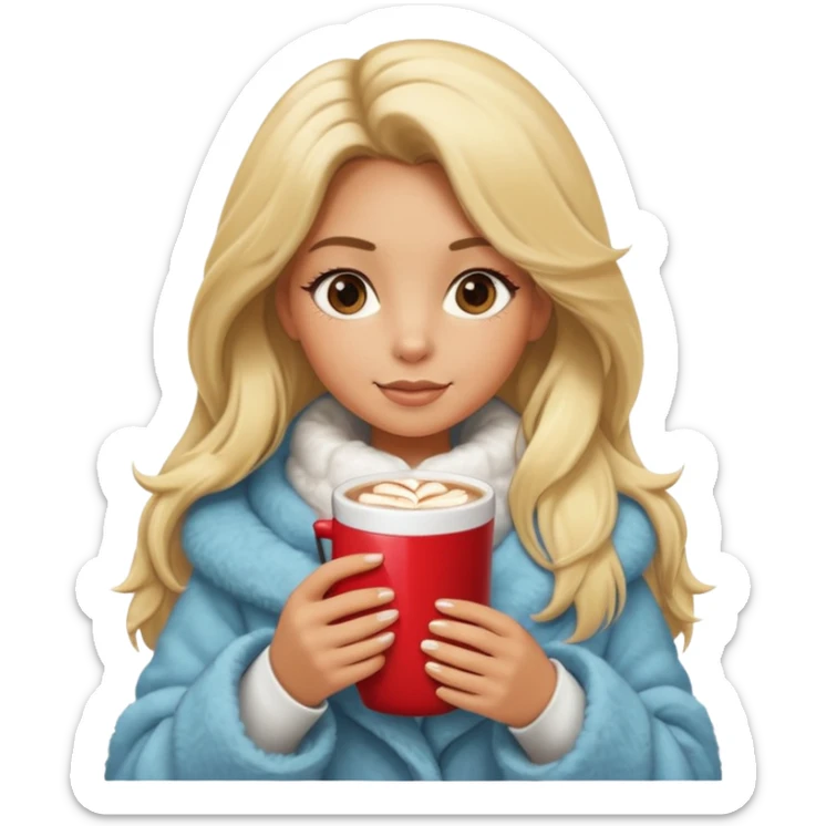 Tanned Girl with lashes , blonde hair, in an extremely big fluffy oversized coat and hold hot chocolate drink and more look like apple emoji face sticker
