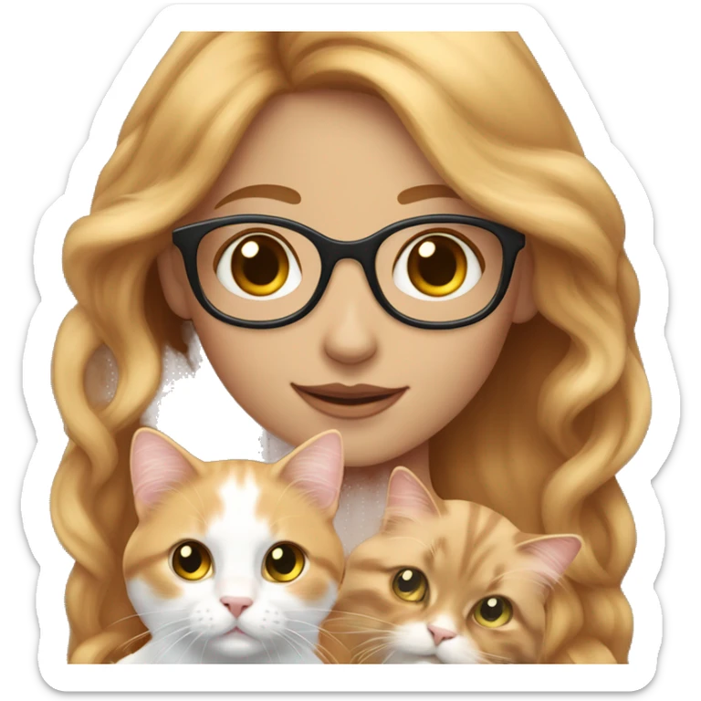 White skin strawberry-blonde haired girl with glasses holding long-haired calico cat sticker
