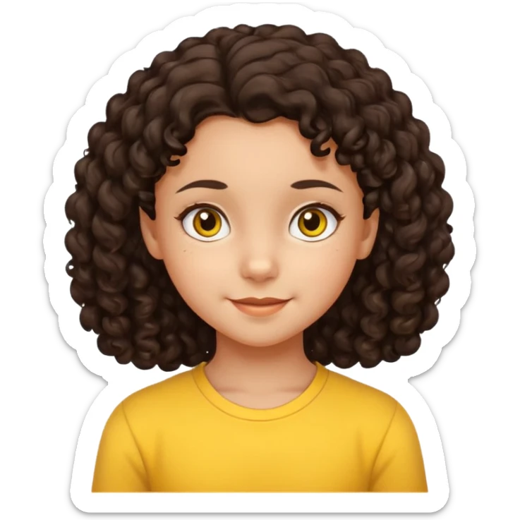 10 year old girl, morena, dark brown curly hair, smirking expression, yellow background sticker