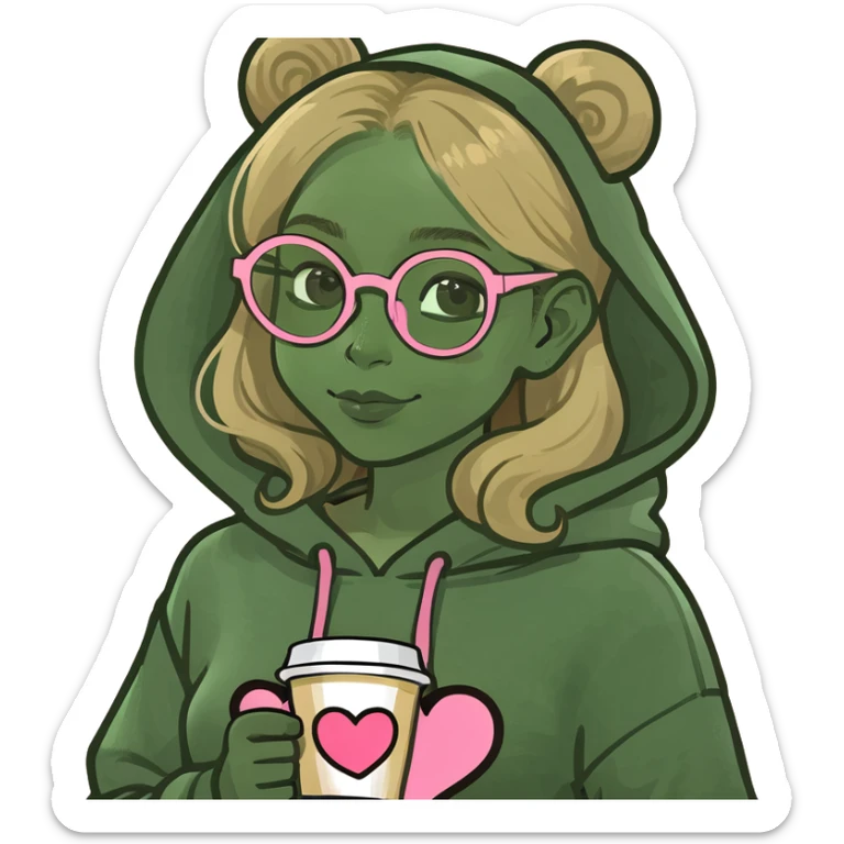 A girl with a love heart ok her hoodie with an espresso blonde hair brown eyes pinky gold glasses smiling and raining outside  sticker