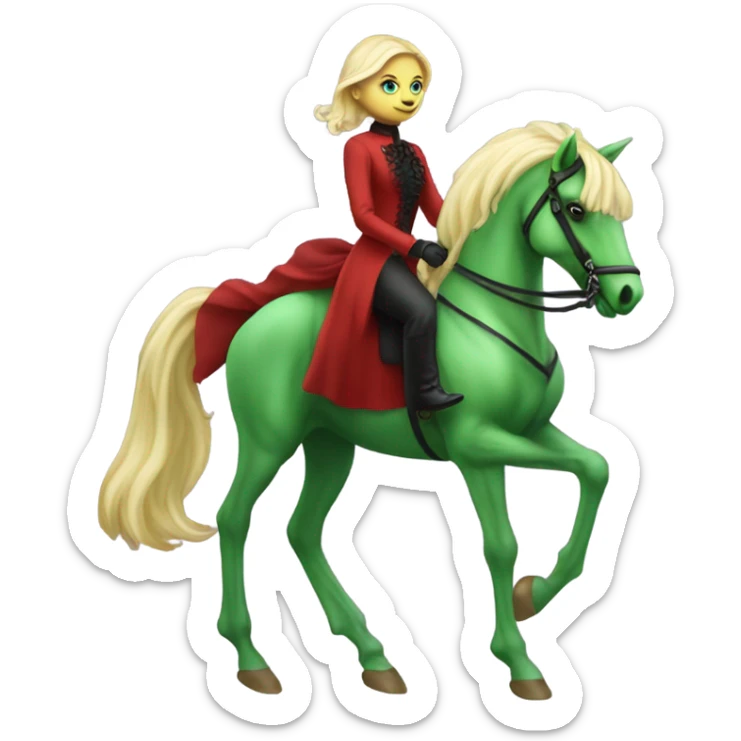 "galora green blonde alien woman" in red Victorian elegant dress, full body, rides winged horse

 sticker