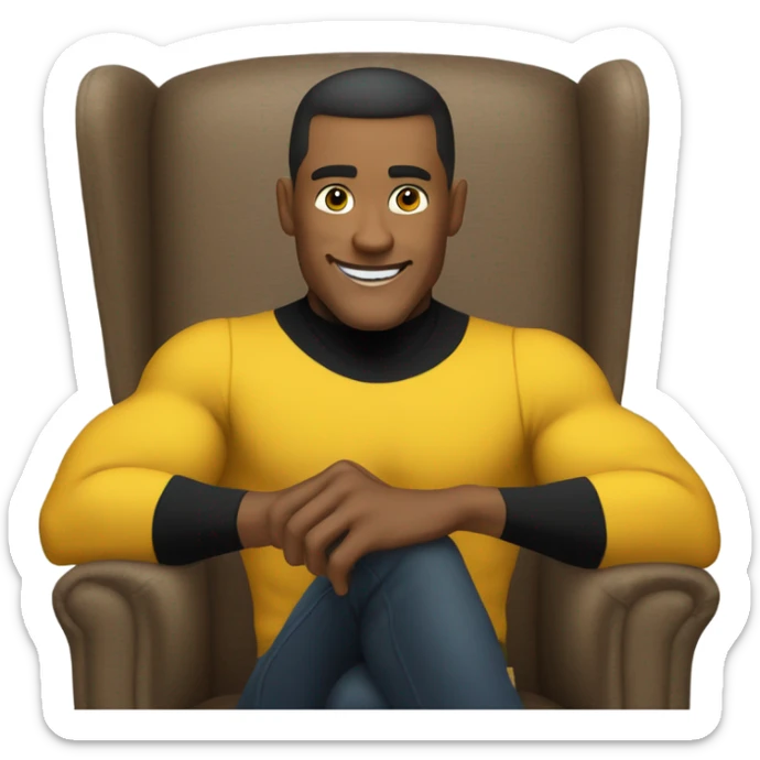 yellow muscle fit man in black turtleneck shirt sitting in chair sticker