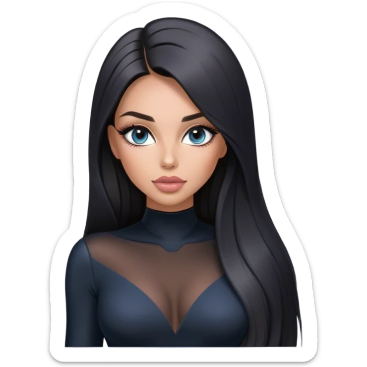 Glamours, tanned, very beautiful girl, with big pump peach-beige-rose lips, long long lashes, black straight smooth silky long hair, straight parting hair, blue-grey eyes in black long-sleeves bodysuit sticker