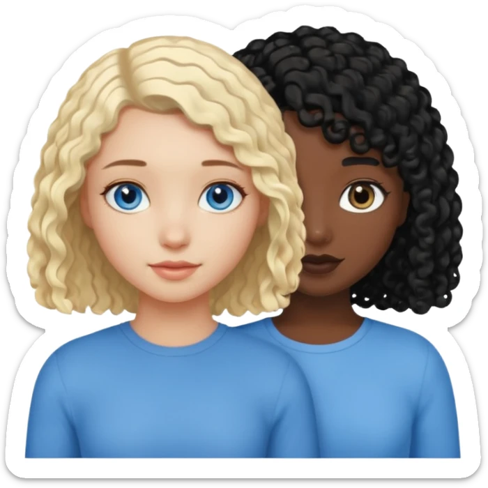 Girl best friends, one white with blond bob and blue eyes, one black with long black curly hair sticker