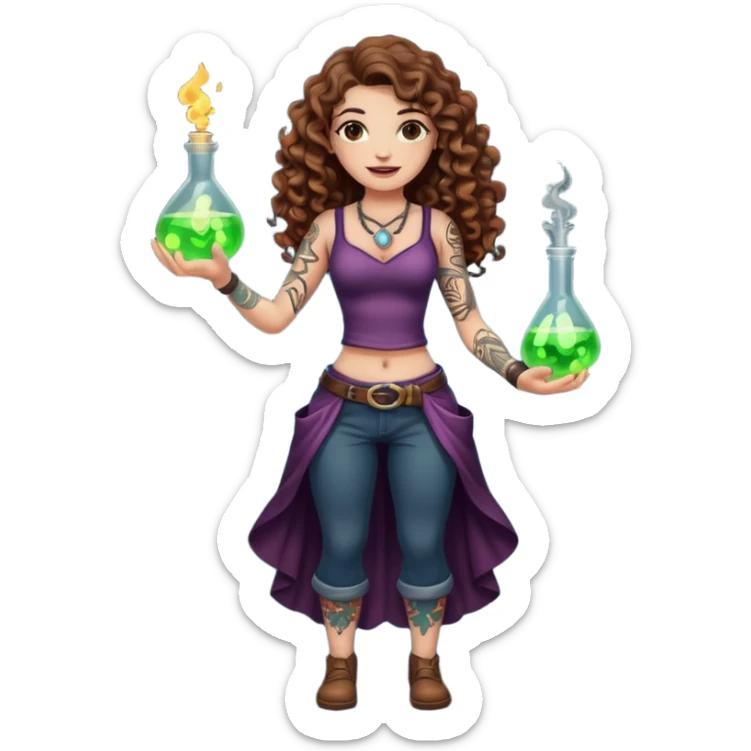 full body view of a woman with long curly brown hair, brown eyes, white skin, tattoos, holding a glowing potion flask at hip level, playful dangerous smile sticker