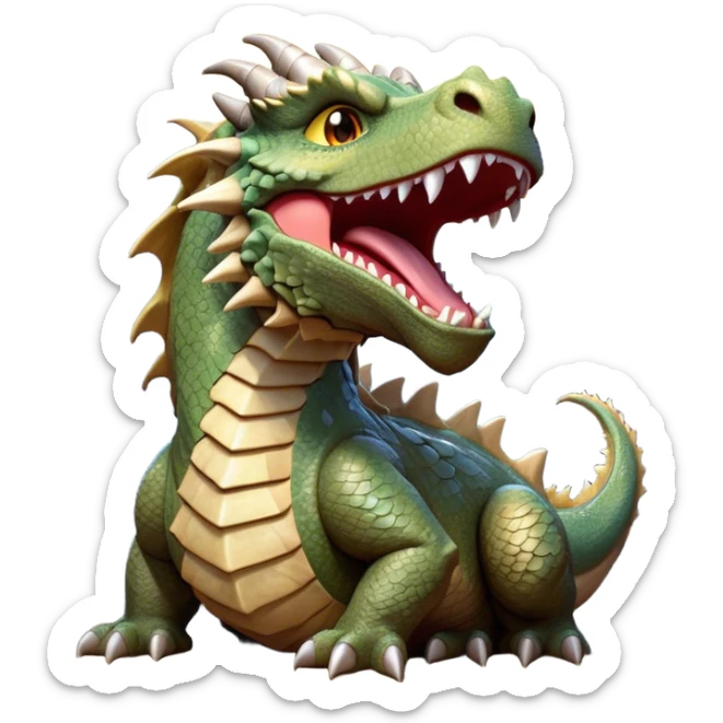 Cinematic Cute Yawning Giant Rock Dragon Portrait Emoji, Head tilted slightly with a dramatic, wide-open yawn, revealing a colossal, rugged body with weathered, rock-like scales and subtly drooping, earthy features rendered in authentic, stony texture; high shine, relaxed yet powerful, styled with a dash of timeless geological charm, soft glowing outline, capturing the essence of a sleepy but stoic rock behemoth ready to settle into an ancient, enduring slumber! sticker