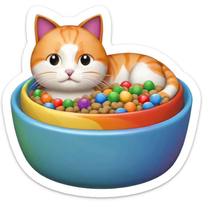 cute cat food bowl with white food inside, the food is piled on top of the bowl where it is so full. Make the kibble in the food bowl white with rainbow pieces sticker