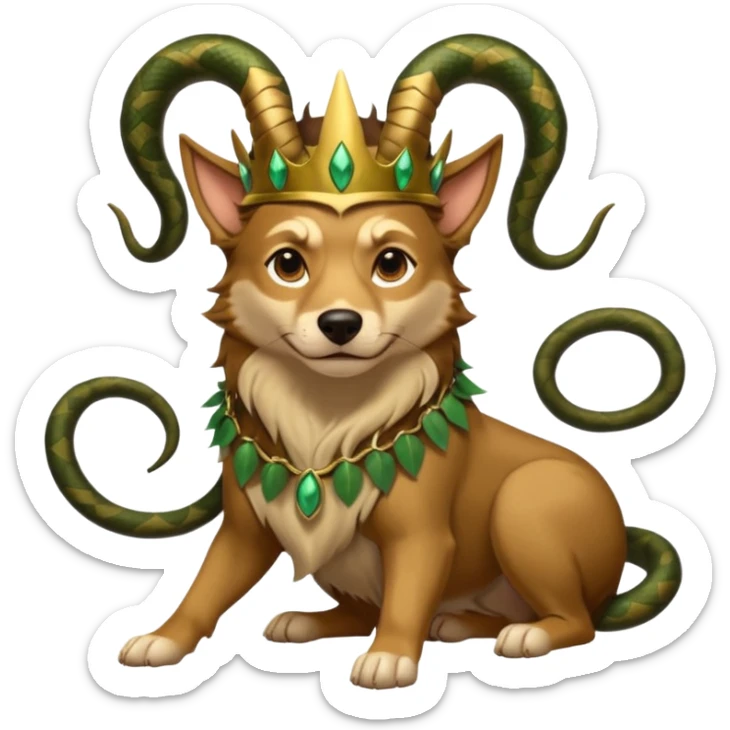 loki god of mischief as a dog. he as snakes. he wears a horned crown dynamic pose sticker