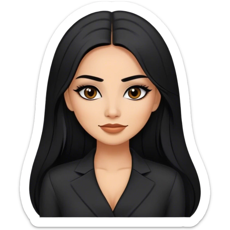 beautiful woman boss, with long straight black hair, with make up, black eye liner, smile, mexican, brown skin, wearing beautiful sexy black outfit, she has a shy attitude  sticker