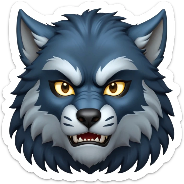 cinematic-noble-fierce-werewolf-portrait-emoji, poised-and-imposing, with a tall, slender, muscular frame, fur rippling in shades of midnight black and silver, eyes glowing with an intense, primal ferocity, reflecting the untamed power of the wild moonlit night; rendered with realism sticker