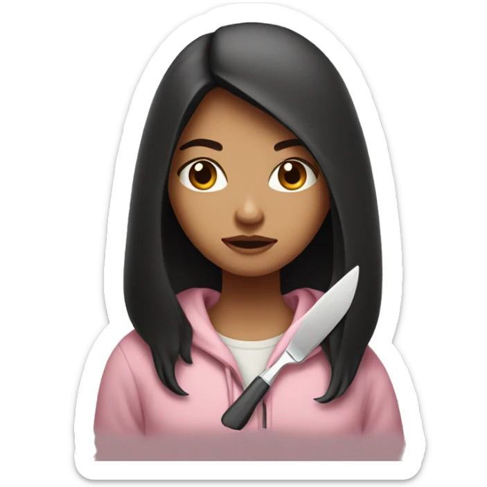 Girl with long dark hair in a light pink hoodie with a serious face holding a butter knife sticker