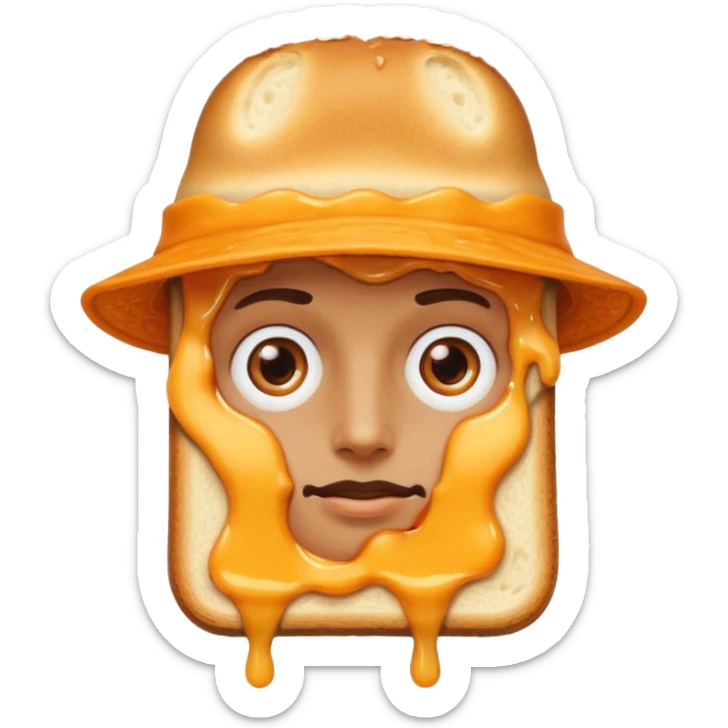 a toastie with melted cheese on the rim and an orange hat and two eyes in left  sticker