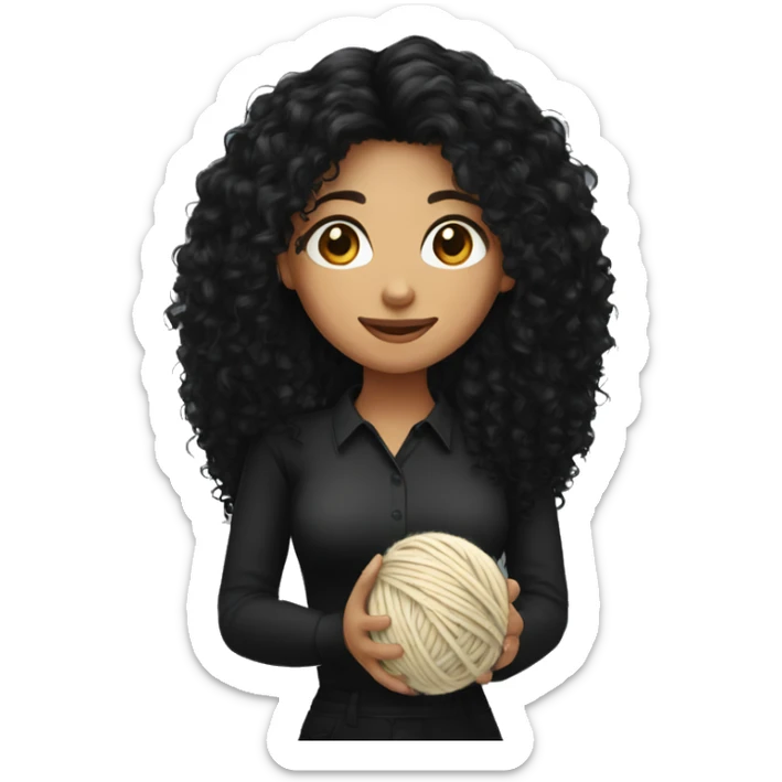 woman with long black curly hair holding one ball of yarn wearing a black shirt sticker