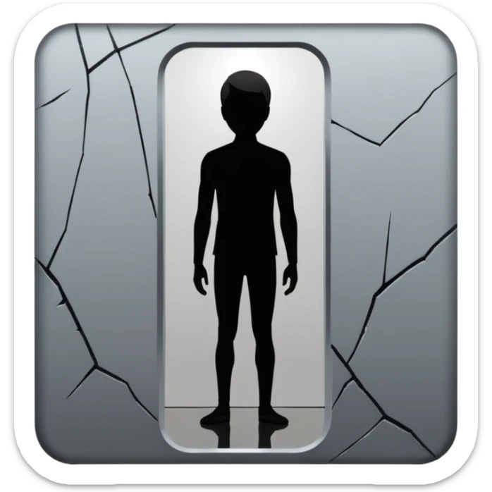 Minimalist emoji-style sticker of a person standing in front of a cracked mirror. The mirror shows a dark shadowy silhouette or distorted figure instead of a reflection. Flat black and white design with muted gray tones. No text. Bold, clean lines. Square composition. No shading or gradients. sticker