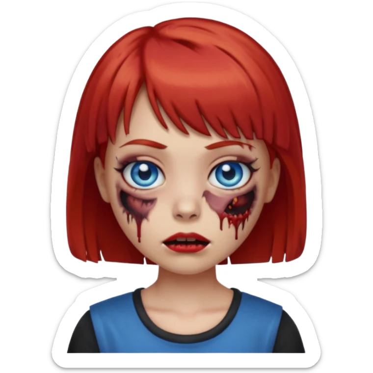 Zombie girl emoji with short red hair and bangs. Blue eyes, fair skin, and a black top. sticker