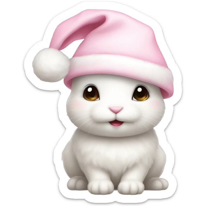 A white little cute bunny wearing a little cute pastel pink Christmas hat sticker