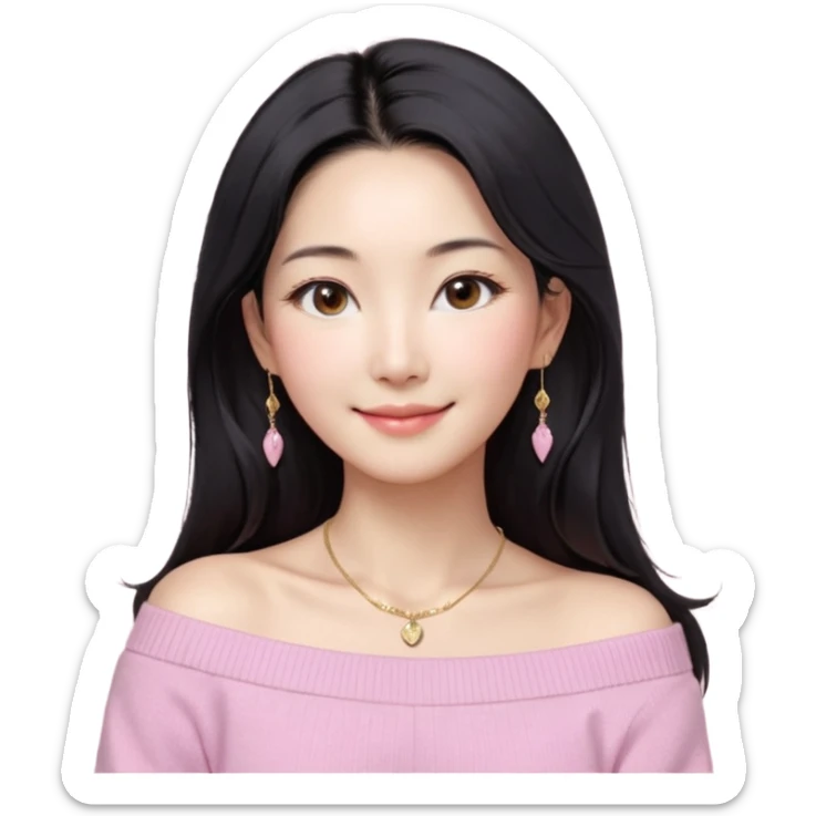 South Korean girl in her mid-thirties with long black hair and a middle part. She is wearing a baby pink, off the shoulder long sleeve knit sweater. She has small gold earrings and a gold necklace. She has brown eyes with narrow, mono lid shape and smiling with lips together sticker