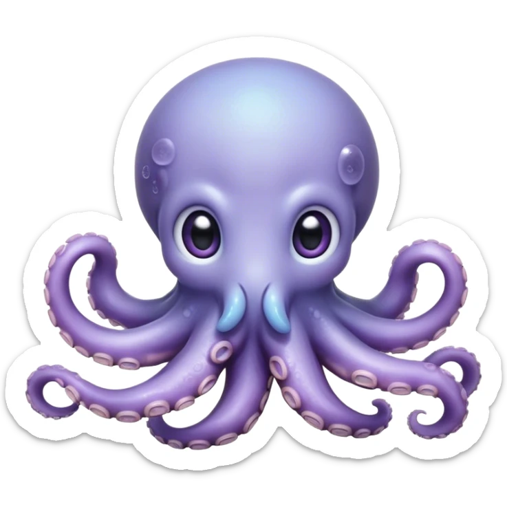 Cinematic Cute Shy Baby Octopus Portrait Emoji, Tentacles tucked slightly inward in an adorably bashful pose, featuring a softly glowing, round light blue-purple body with enormous, soulful eyes peering out timidly, Simplified yet irresistibly adorable features, highly detailed, glowing with a delicate, soothing marine radiance, high shine, quiet yet expressive, stylized with an air of gentle mystery, soft glowing outline, capturing the essence of a tiny, shy deep-sea creature that seems as if it could slowly peek out and explore the world with cautious curiosity! sticker