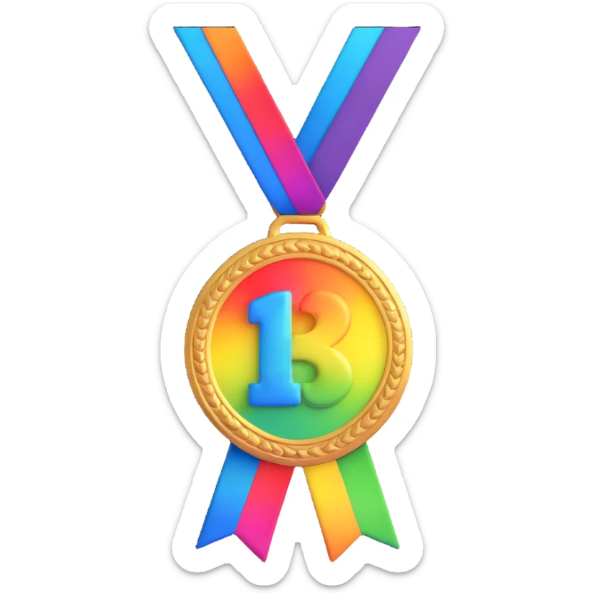 Animated emoji of a rainbow-colored medal with a ribbon, shiny and reflective, 3D style sticker