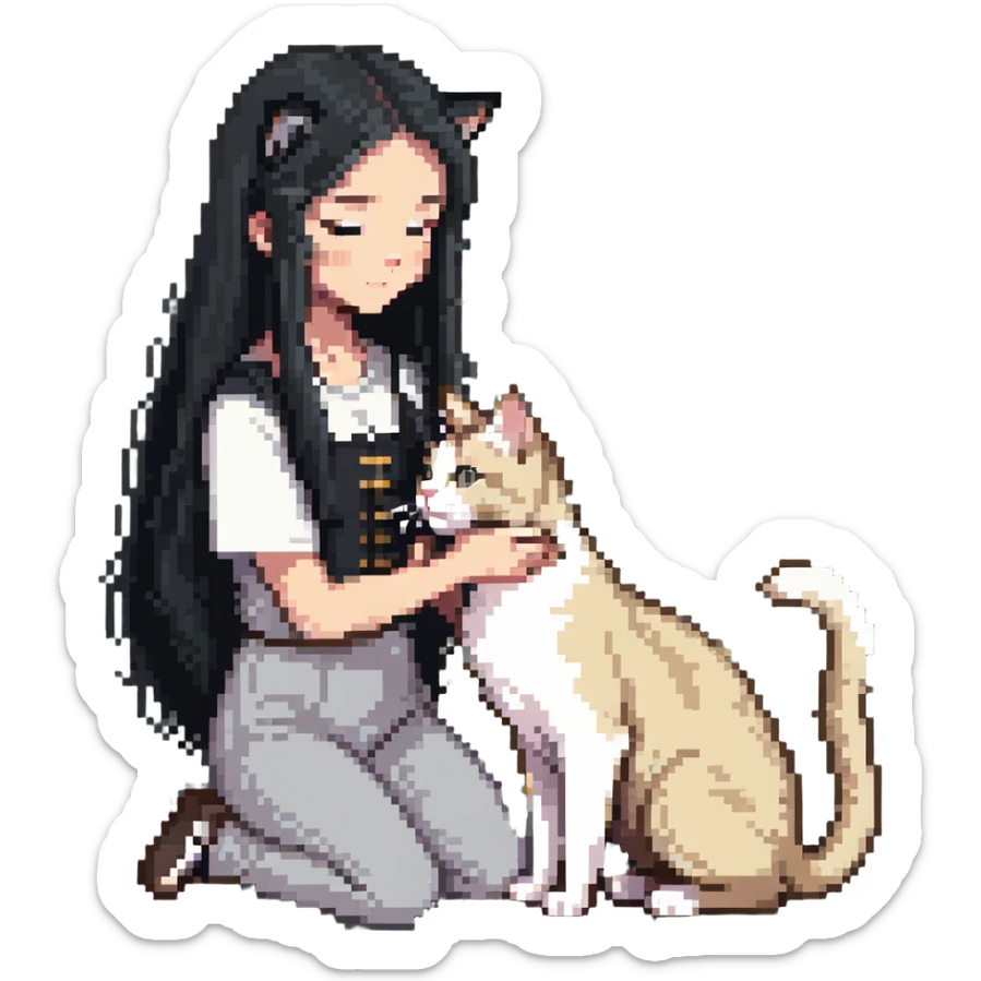 Beautiful girl with long black hair petting a gray and blonde mixed cat sticker