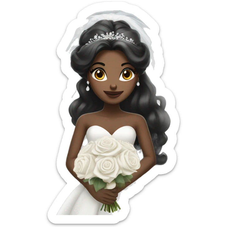 Black hair bride with long white Dress and long white veil and white roses bouquet in hands   sticker