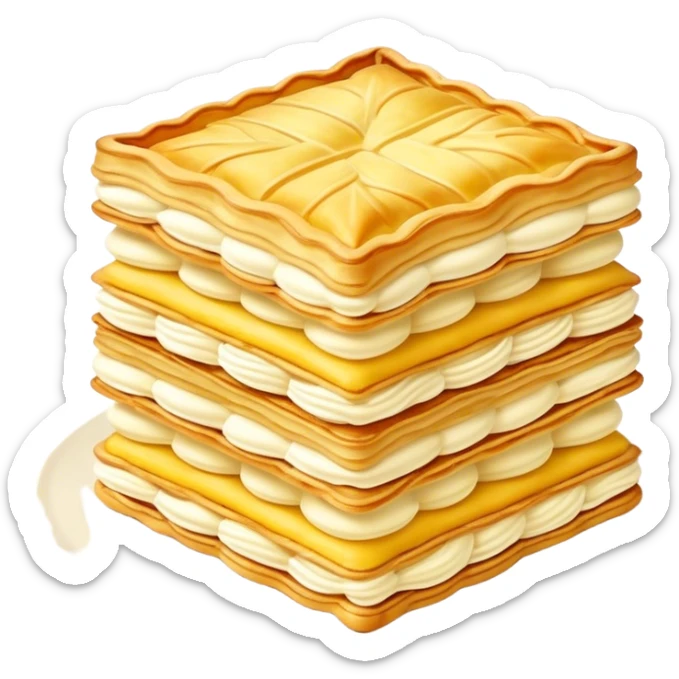 Mille-feuille Cinematic Realistic Mille-Feuille Dessert Emoji, depicted as a delicate pastry composed of two crisp layers of puff pastry with a rich cream filling, rendered with intricate textures and elegant, soft lighting. sticker